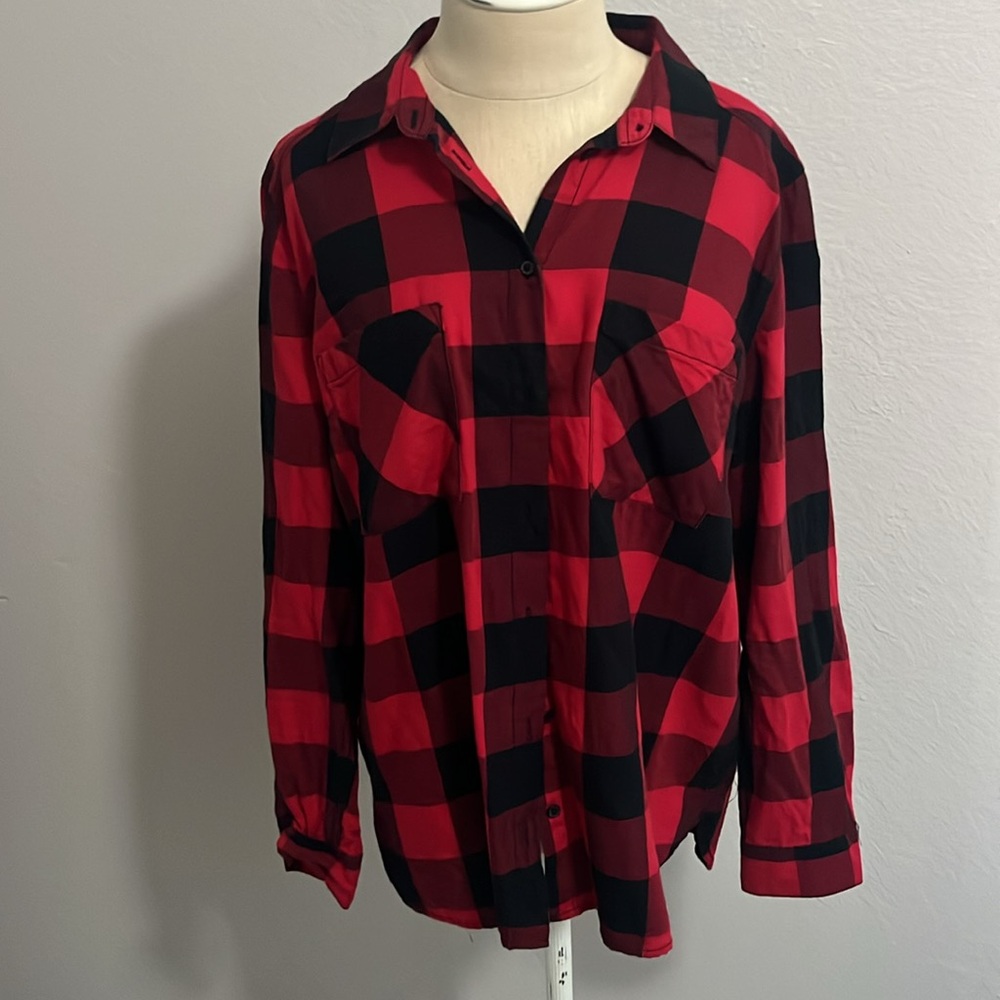Black and red checked button up shirt